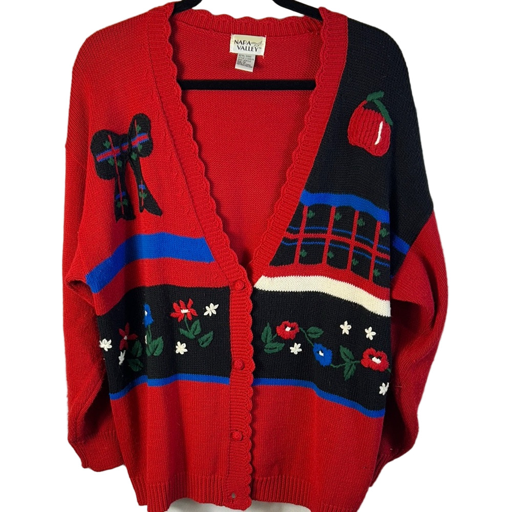 Napa Valley 1X Red Sweater with Floral and Bow Design gently worn 4 button down